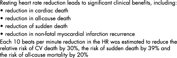 Resting heart rate reduction leads to significant clinical benefits, including: reduction in cardiac death reduction    