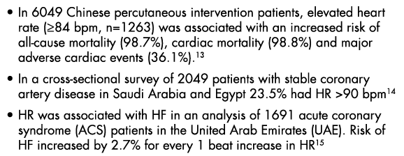 In 6049 Chinese percutaneous intervention patients, elevated heart rate ( 84 bpm, n 1263) was associated with an incr   